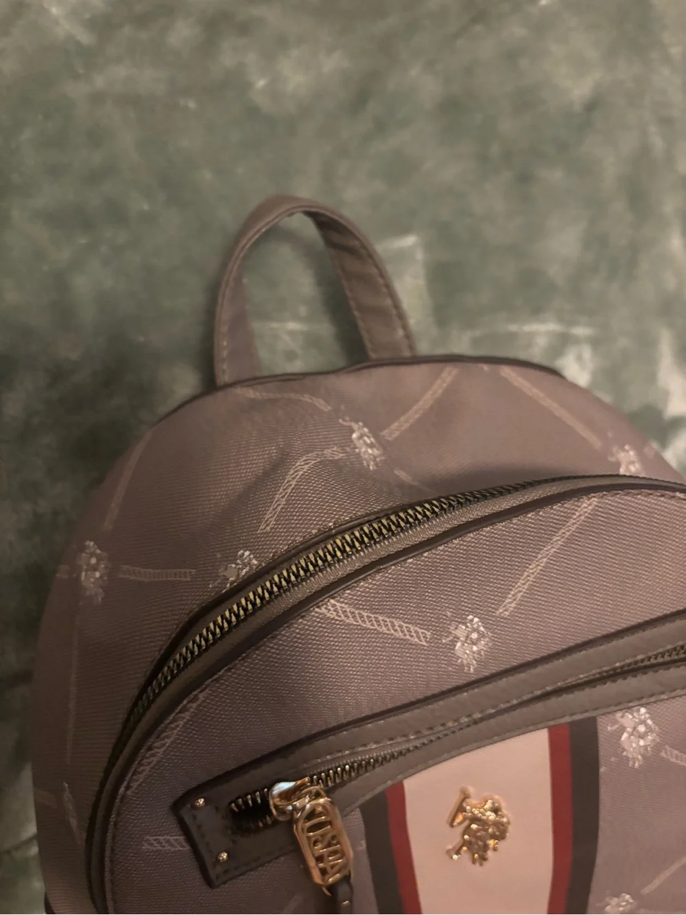 U.S. Polo Assn. Gray Backpack with Cream and Burgundy Stripe